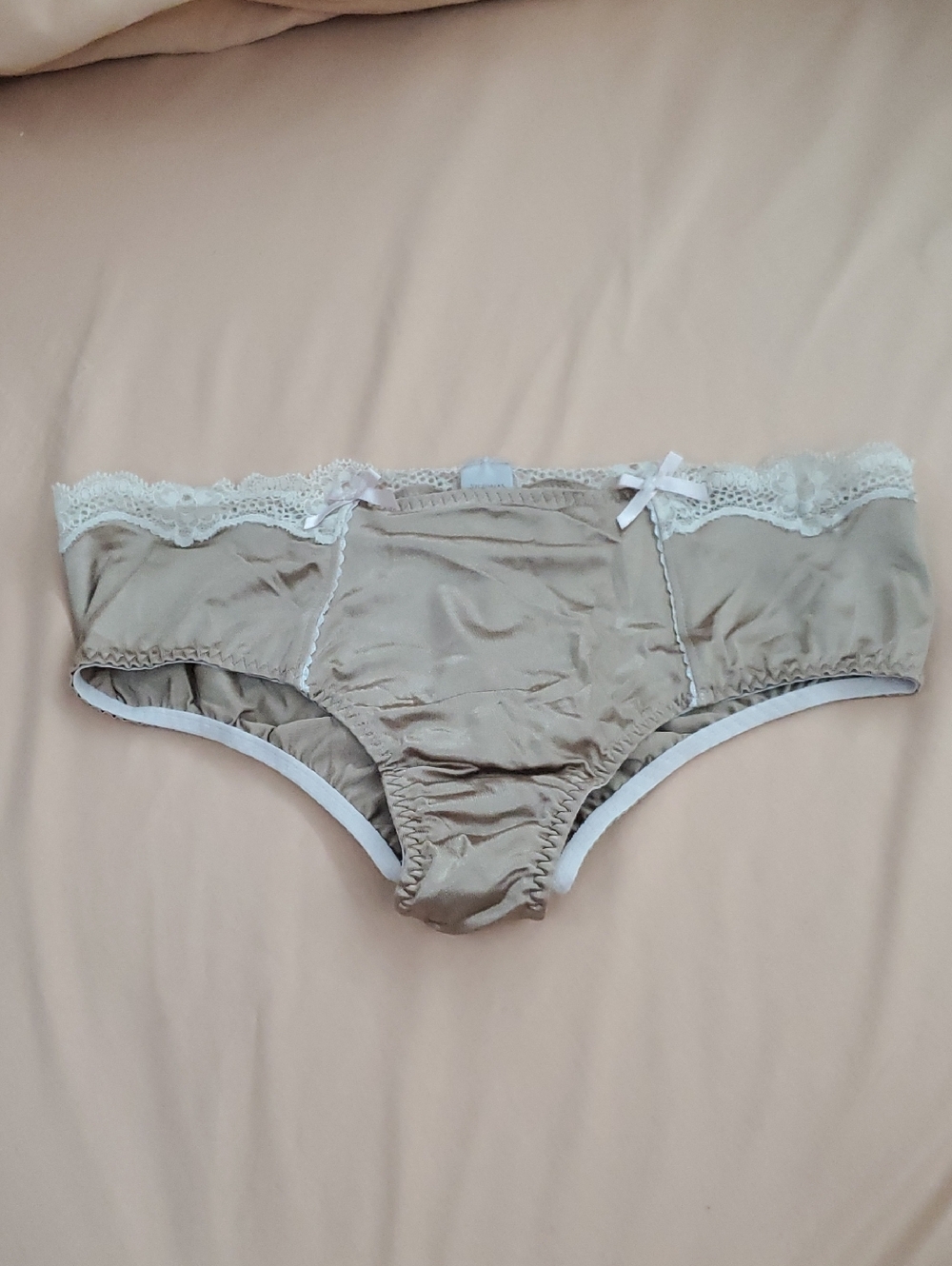 Victoria's Secret Nude Satin Hiphugger Panty with Pink Lace